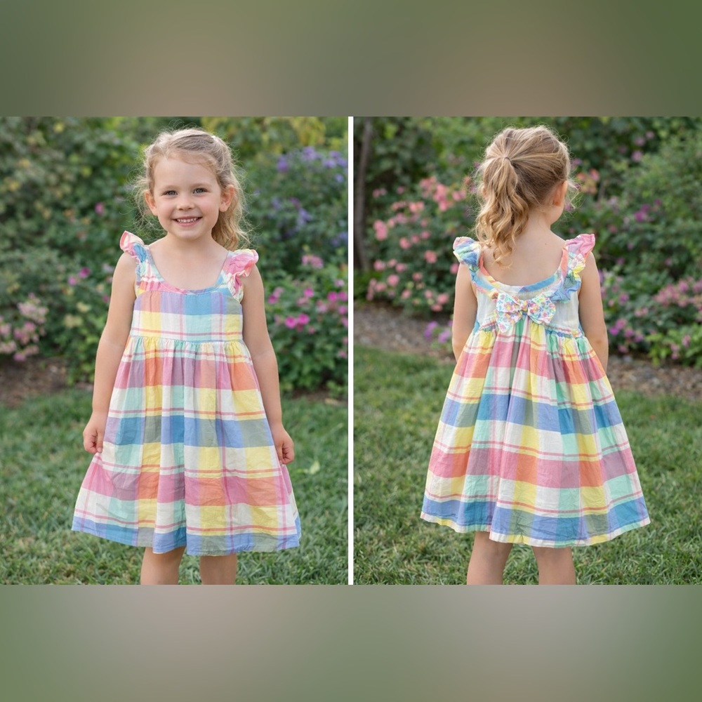 Tommy Bahama Girls Size 7 Pastel Plaid Dress Bow Back Spring Easter Coastal - Picture 2 of 7
